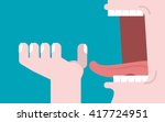 Open mouth and hand. Illustration consumption. Preparation for meal. Man opened his jaws to eat. Teeth and tongue