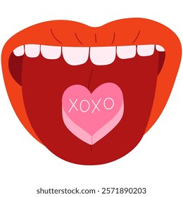 Open mouth with a heart-shaped candy on tongue. Sweet heart shape candy XOXO. Valentines day concept.