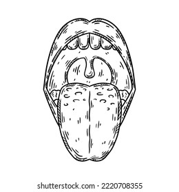 Open mouth with human tongue sticking out hand drawn sketch. Vector isolated illustration.