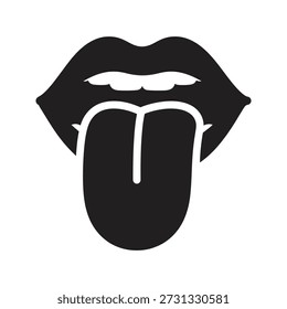 Offener Mund, Symbol, Vektorgrafik, die das Herausstechen der Zunge zeigt, Lippen Zähne, die spielerisch necken, Geschmack, Sinn, isoliert, weißer Hintergrund, Design-Element-Symbol