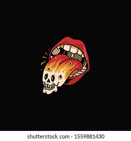 open mouth illustration with tongue, Mouth illustration with skull tongue, flash, skull design, vintage illustration, vector illustration, design, halftone, editable vector graphic, 