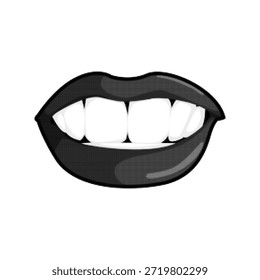 Boca abierta con labios y dientes en estilo semitono. Ilustración de arte pop en blanco y negro de la sonrisa. Concepto gráfico retro para belleza, moda, comunicación o expresión aislado sobre fondo blanco.