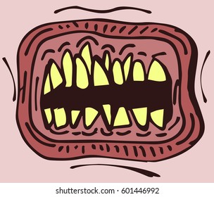 Open mouth with many deformed teeth