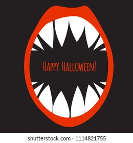 Open mouth monster with sharp teeth, happy halloween poster. Vector illustration