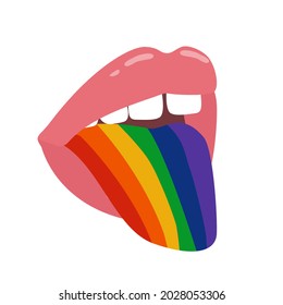 Open mouth with pink lips and tongue as LGBT flag. Trendy graphic. Vector hand drawn illustration.