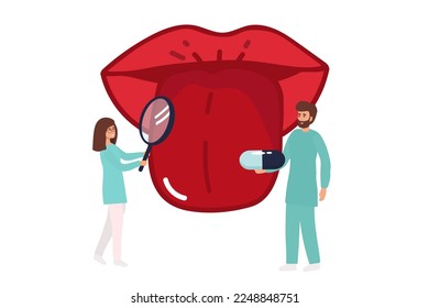 Open mouth with protruding tongue, checkup health tongue doctor. Tongue and disease. Vector illustration