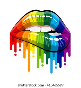 Open Mouth with Rainbow color paint flow Lips Biting. Vector rainbow lips illustration