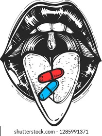 Open mouth with red and blue pill on tongue. Illusion of choice. Isolated vector illustration.