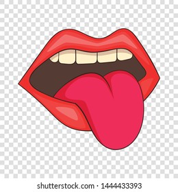 Open mouth with red female lips and tongue icon. Cartoon illustration of open mouth with red female lips and tongue vector icon for web