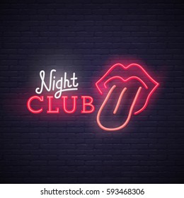 Open Mouth With Red Female Lips And Tongue. Neon Sign, Bright Signboard, Light Banner. Night Club Logo, Emblem. 