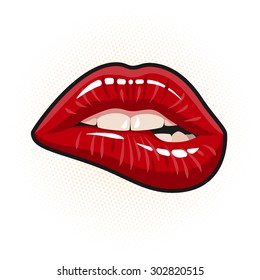 Open Mouth with Red Lips Biting. womens mouth. Vector illustration. 
