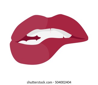 Open Mouth with Red Lips Biting. Smile with white tooth design flat. Dental and smile, healthy dental teeth, beauty and care smile, health and clean tooth, whitening human perfect toothy. Vector