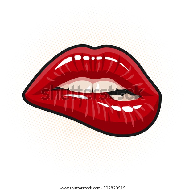 Open Mouth with Red Lips Biting. womens mouth. Vector\
illustration. 