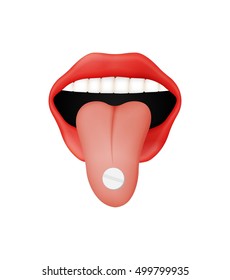 Open mouth with red lips and protruding tongue with white pill. Human mouth illustration isolated on white background.