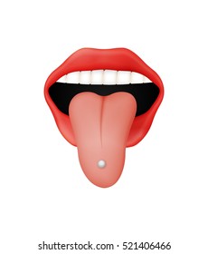 Open mouth with red lips and protruding tongue with silver piercing. Human mouth illustration isolated on white background.