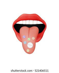 Open mouth with red lips and protruding tongue with pills. Human mouth illustration isolated on white background.