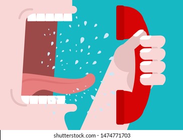 Open mouth screaming into telephone receiver. vector illustration