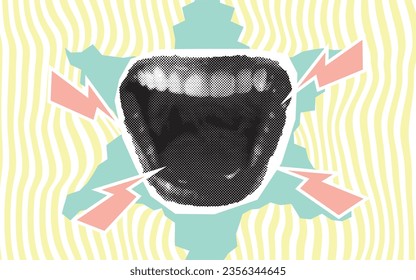 Open Mouth Screaming On Art Background. Bright vector collage with universal graphic elements, geometric shapes, dotted halftone objects for your design.