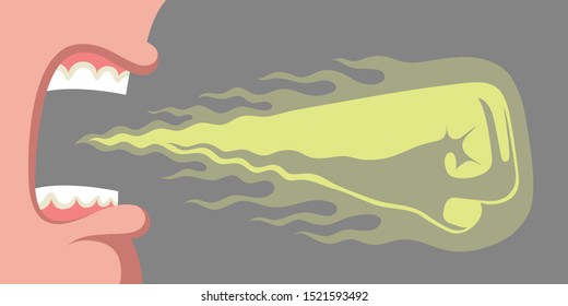 Open mouth of screaming person having bad breath, cloud in shape of fist as symbol of unpleasant disgusted smell punching in nose of interlocutor. Concept of personal hygiene problem or oral disease