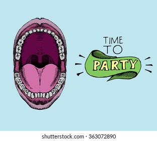 Open mouth shout Time to party. Vector illustration.