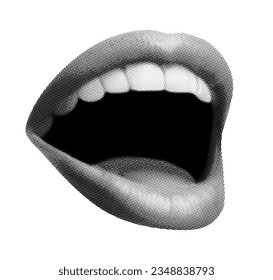 open mouth sings isolated on white background in retro halftone collage cut-out element for mixed media vintage dotted texture grunge punk trendy modern y2k design