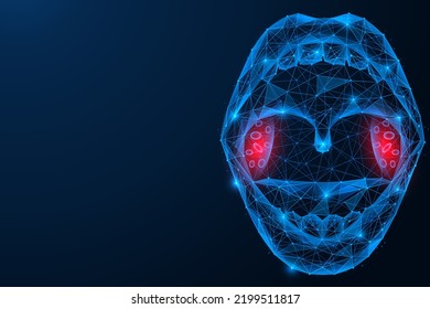 Open mouth, sore throat. Polygonal design of interconnected lines and points. Blue background.