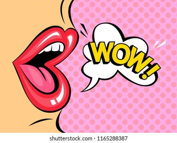 Open mouth with speech bubble saying wow. Pop art retro poster with sexy red female lips. Flat vector illustration