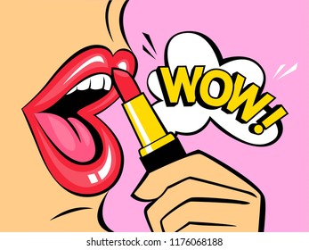 Open mouth with speech bubble saying wow. Woman applying red lipstick on her lips. Pop art retro poster with sexy red female lips. Flat vector illustration