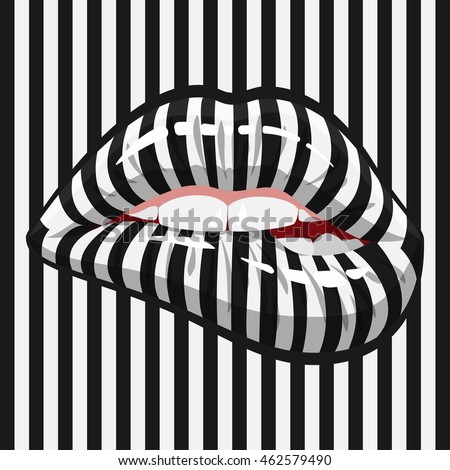 Open Mouth with striped biting Lips on black and white stripe background. Striped abstract makeup lips