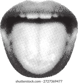 Open mouth with teeth, circular halftone dot pattern.