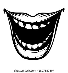 Open mouth with teeth and plump lips. Snide smiling mouth with jaw drop. Vector illustration in vintage hand drawing black and white monochrome ink retro style for stamp, tattoo, t-shirt print design