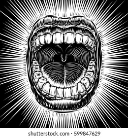 Open mouth with teeth; Screaming singing shouting yawning mouth; Jaw drop; T-shirt print design from vintage tribal tattoo in ink hand drawing style; Vector monochrome black and white background EPS8