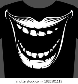 Open mouth with teeth. Snide evil smiling mouth. Graphic black and white art print design for t-shirt. Vector illustration in vintage hand drawing monochrome ink retro style for stamp, imprint, tattoo