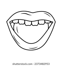 Open mouth with teeth and tongue. Linear doodle icon. Corrective Orthodontics. Dental care. 