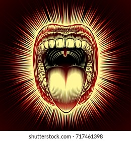 Open mouth with teeth and tongue on radiant beams background in retro stamping hand drawing style. Close-up of shouting screaming mouth with jaw drop. Vector vintage ink illustration of facial gesture