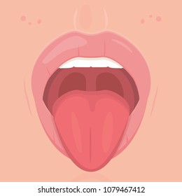 Open mouth with teeth and tongue. Woman mouth cartoon style. Funny expression mouth showing tongue. Medical poster, otorhinolaryngology