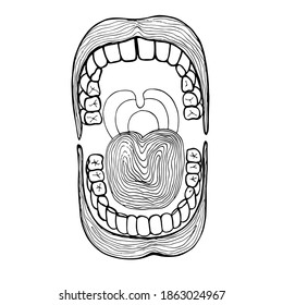 Open mouth with teeth. Top and bottom teeth, tongue and lips. Black and white picture isolated on white background.