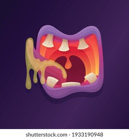 Open mouth of terrible monster with sharp teeth and tongue. Expressive evil scary emotions for halloween holiday design. Colorful flat cartoon vector illustration.