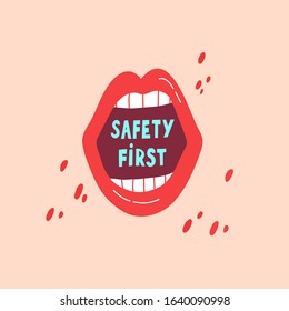 Open mouth with text. Safety first lettering. Contraception, birth control, hiv prevention concept. Hand drawn flat vector illustration on colorful background. For poster, card, article, magazine.