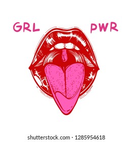 Open mouth with tongue hanging out and tattoo Girl Power on the cheeks. Vector illustration