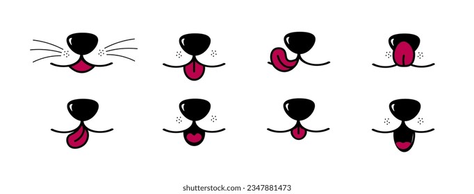 Open mouth and tongue icons. Muzzle of a dog or cat with a nose and whiskers. Cute face of animal or pet.Vector illustration in cartoon style.
