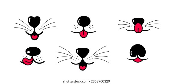 Open mouth and tongue icons. Muzzle of a dog or cat with a nose and whiskers. Cute face of animal or pet.Vector illustration in cartoon style.	