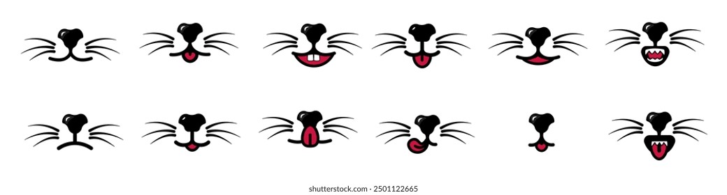 Open mouth and tongue icons. Muzzle of a dog or cat with a nose and whiskers. Cute face of animal or pet.Vector illustration in cartoon style.	