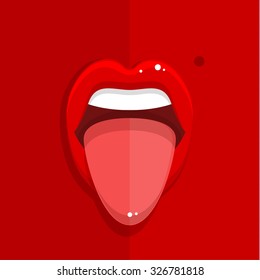 Open Mouth With Tongue On Red Background. Flat Design, Vector Illustration.