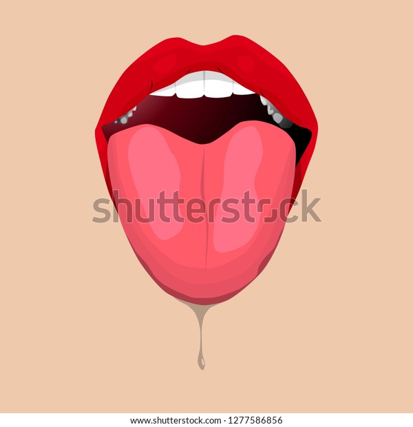 open mouth with tongue and saliva. Attractive\
female lips for print.