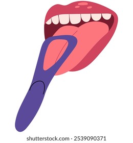 Open mouth with tongue scraper for cleaning tongue. Healthy lifestyle and dental care.