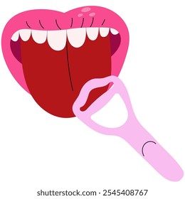 Open mouth with tongue scraper for cleaning tongue. Healthy lifestyle and dental care.