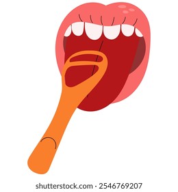 Open mouth with tongue scraper for cleaning tongue. Healthy lifestyle and dental care.