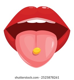 Open mouth with tongue sticking out and holding a yellow pill