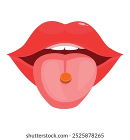 Open mouth with tongue sticking out, licking a round orange pill